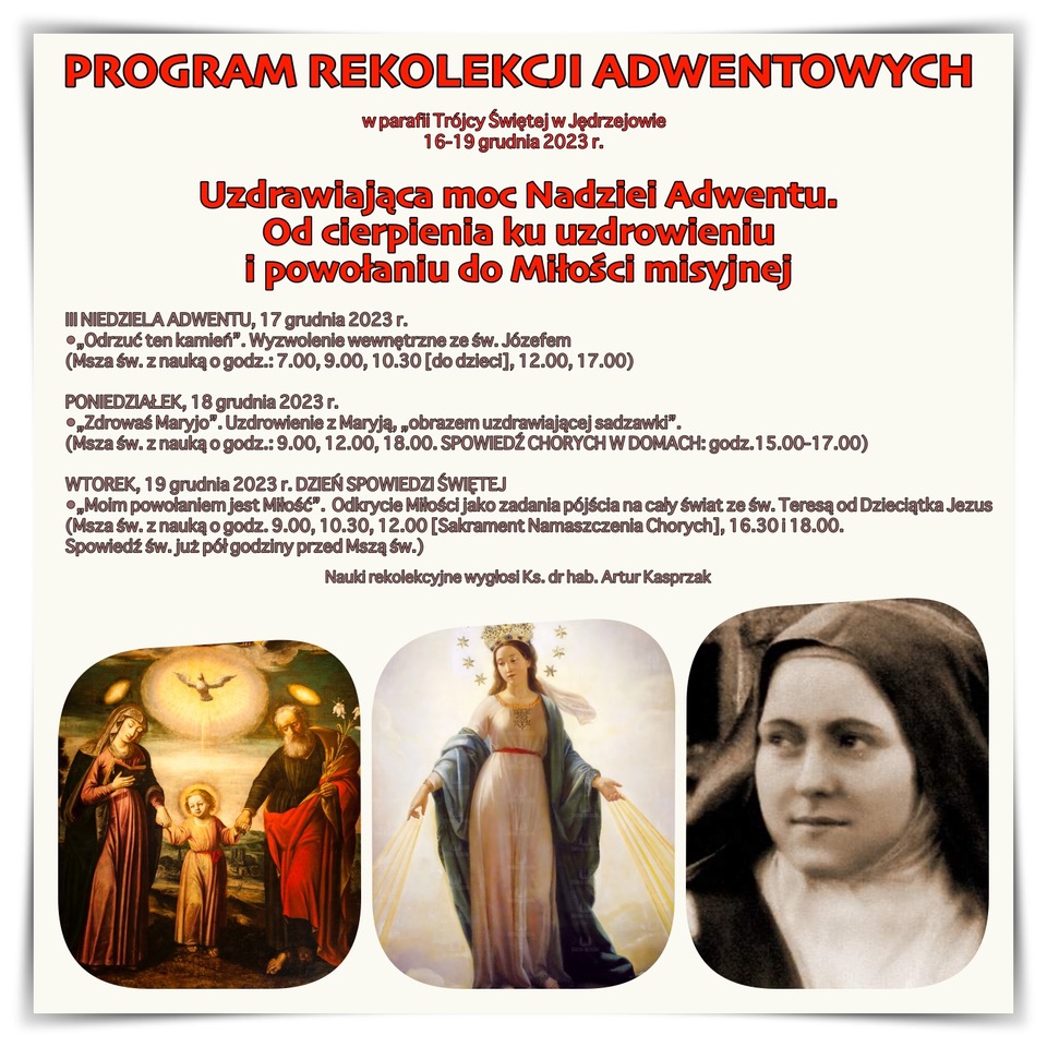 Program Adwentowych Rekolekcji Parafialnych 16-19 grudnia 2023